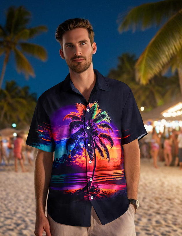 Mens Hawaiian Shirts Palm Tree Sunset Casual Shirts Short Sleeve