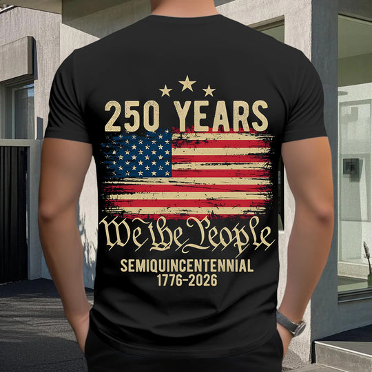 Men short sleeve American flag print graphic tee close-up detail view
