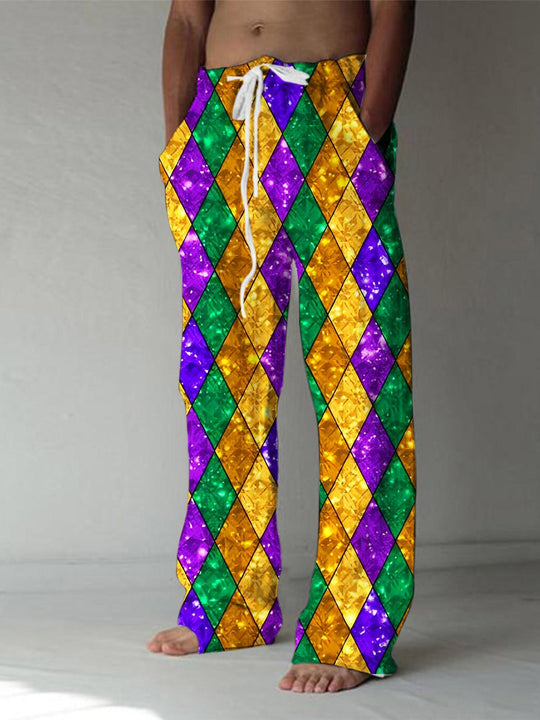Men's geometric print casual elastic waist pants front view for Mardi Gras festival