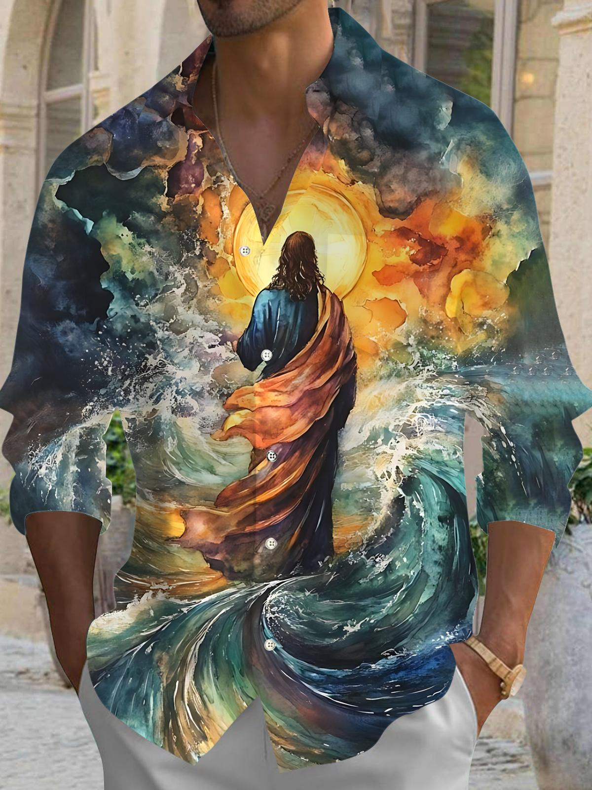 Jesus Art Print Men's Pocket Long Sleeve Shirts