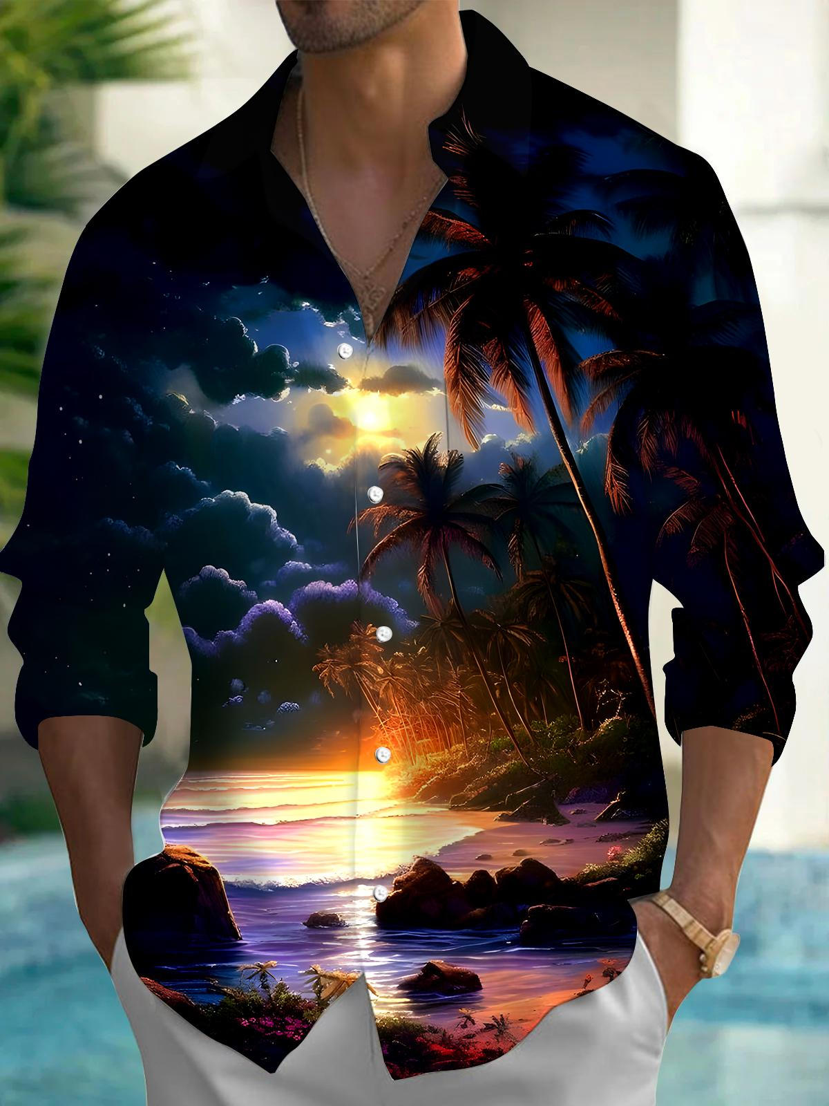 Beach Men's Pocket Long Sleeve Shirts