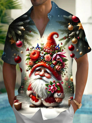Men's festive gnomes coconut tree pocket short sleeve shirt front view for Christmas holiday party