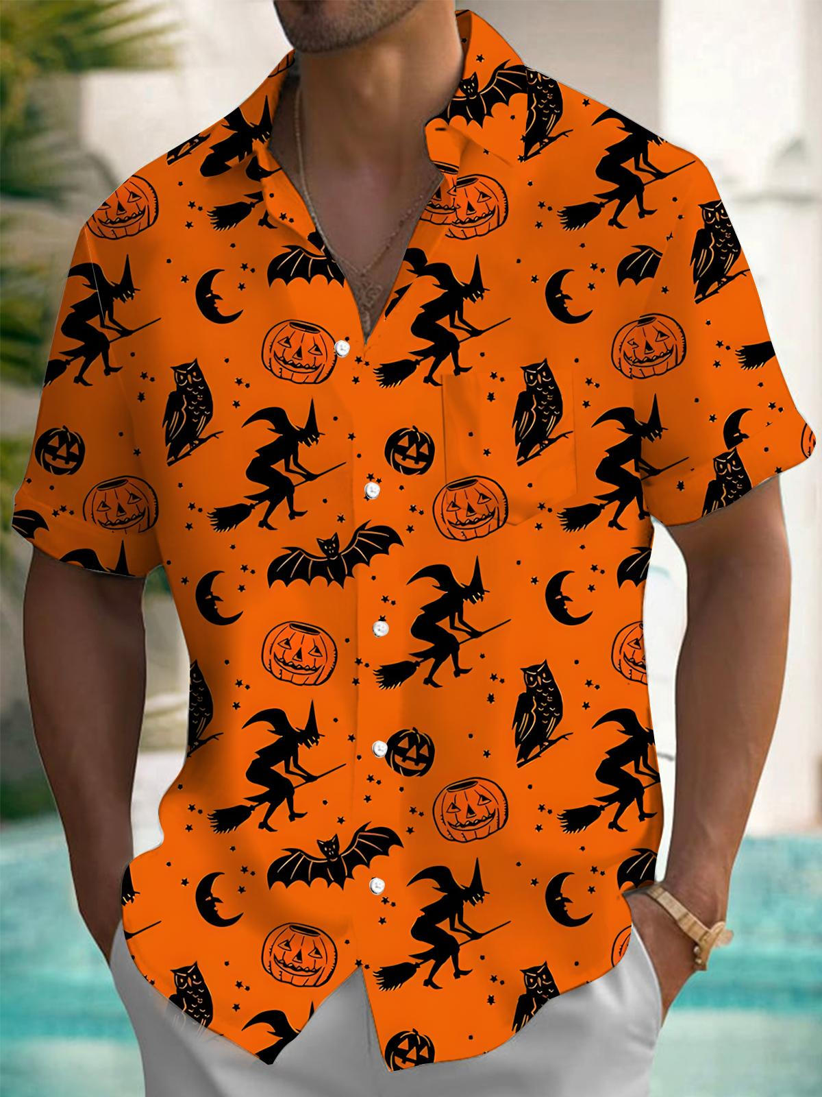 Halloween Witch Pumpkin Bat Men's Pocket Short Sleeve Shirts