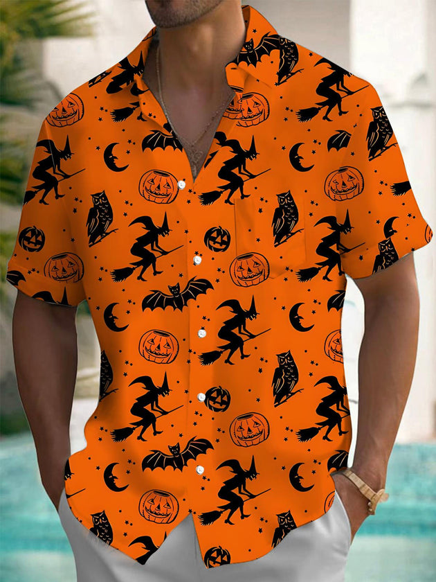Men's witch pumpkin bat short sleeve shirt front view Halloween costume