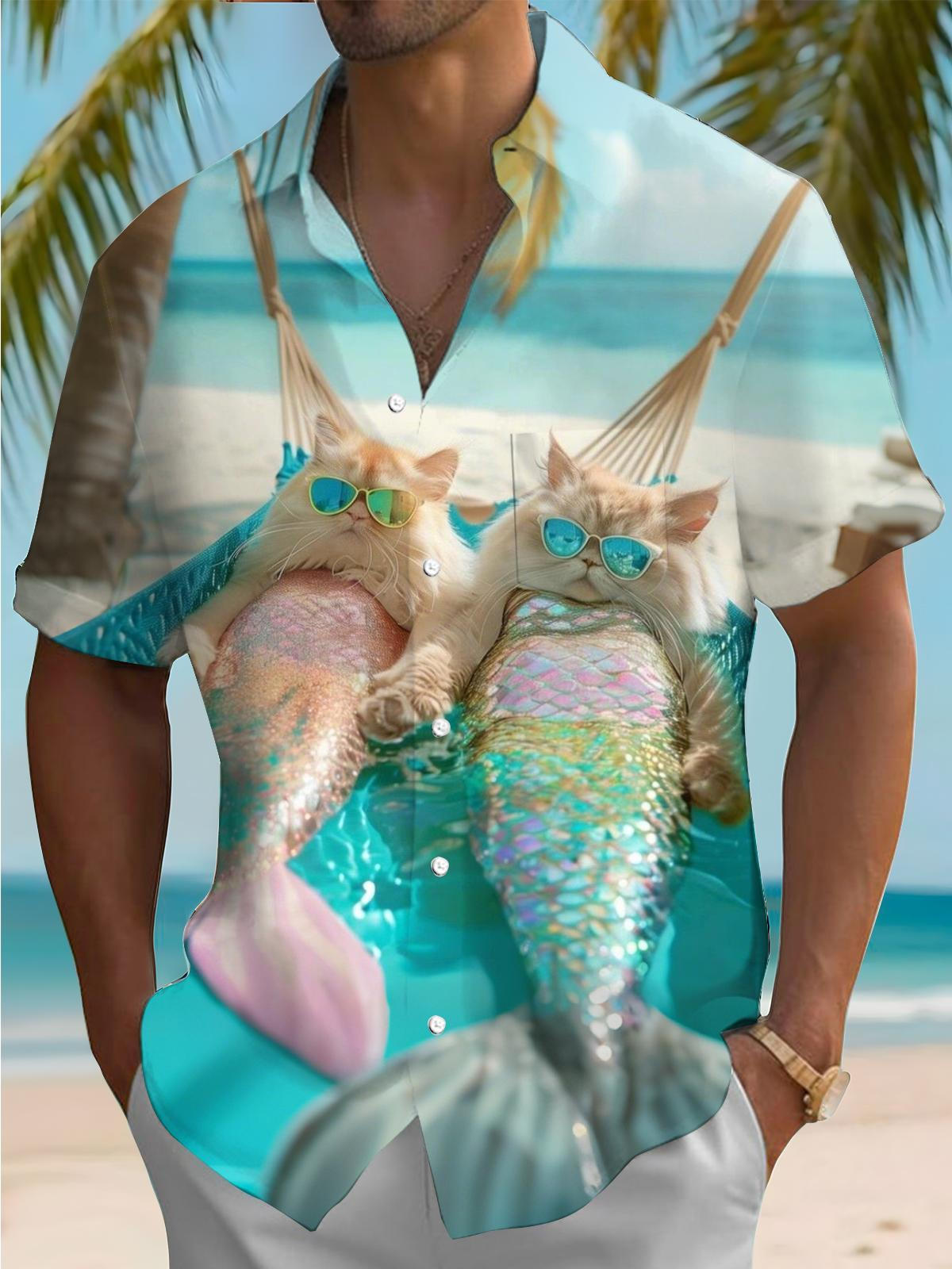 Hawaiian Beach Cat Mermaid Print Men's Pocket Short Sleeve Shirts