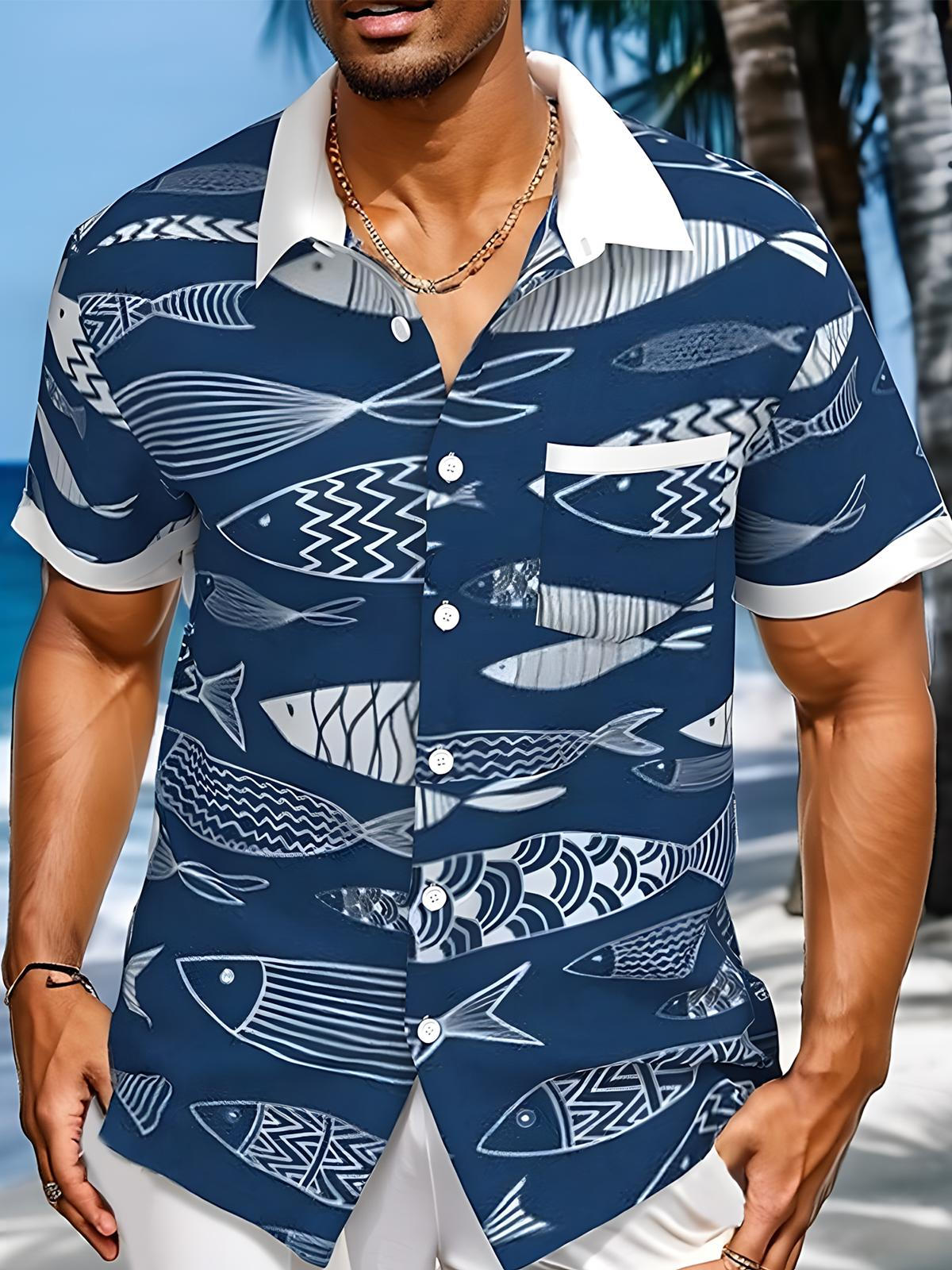 Hawaiian Sea Fish Print Men's Pocket Short Sleeve Shirts