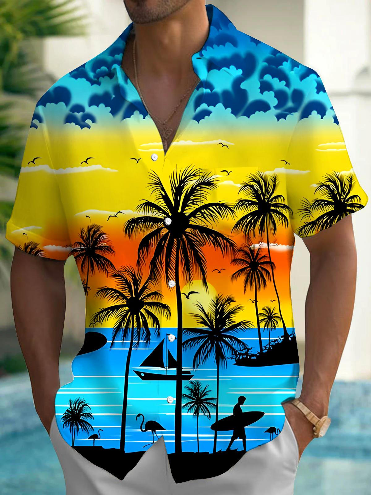 Hawaiian Coconut Tree Men's Pocket Short Sleeve Shirts