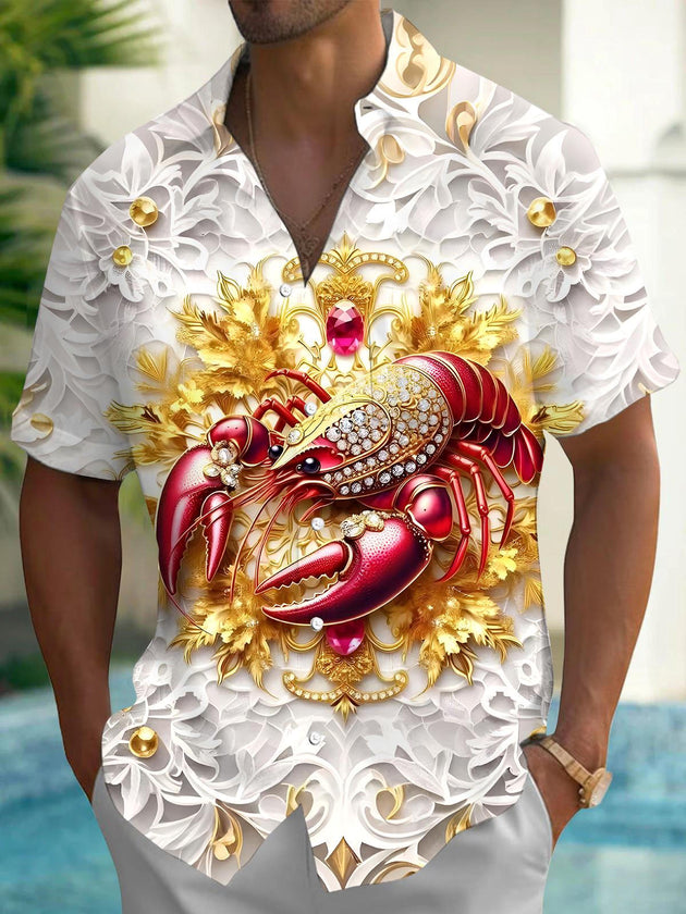 Men's Hawaiian ocean print short sleeve shirt front view for tropical beach vacation