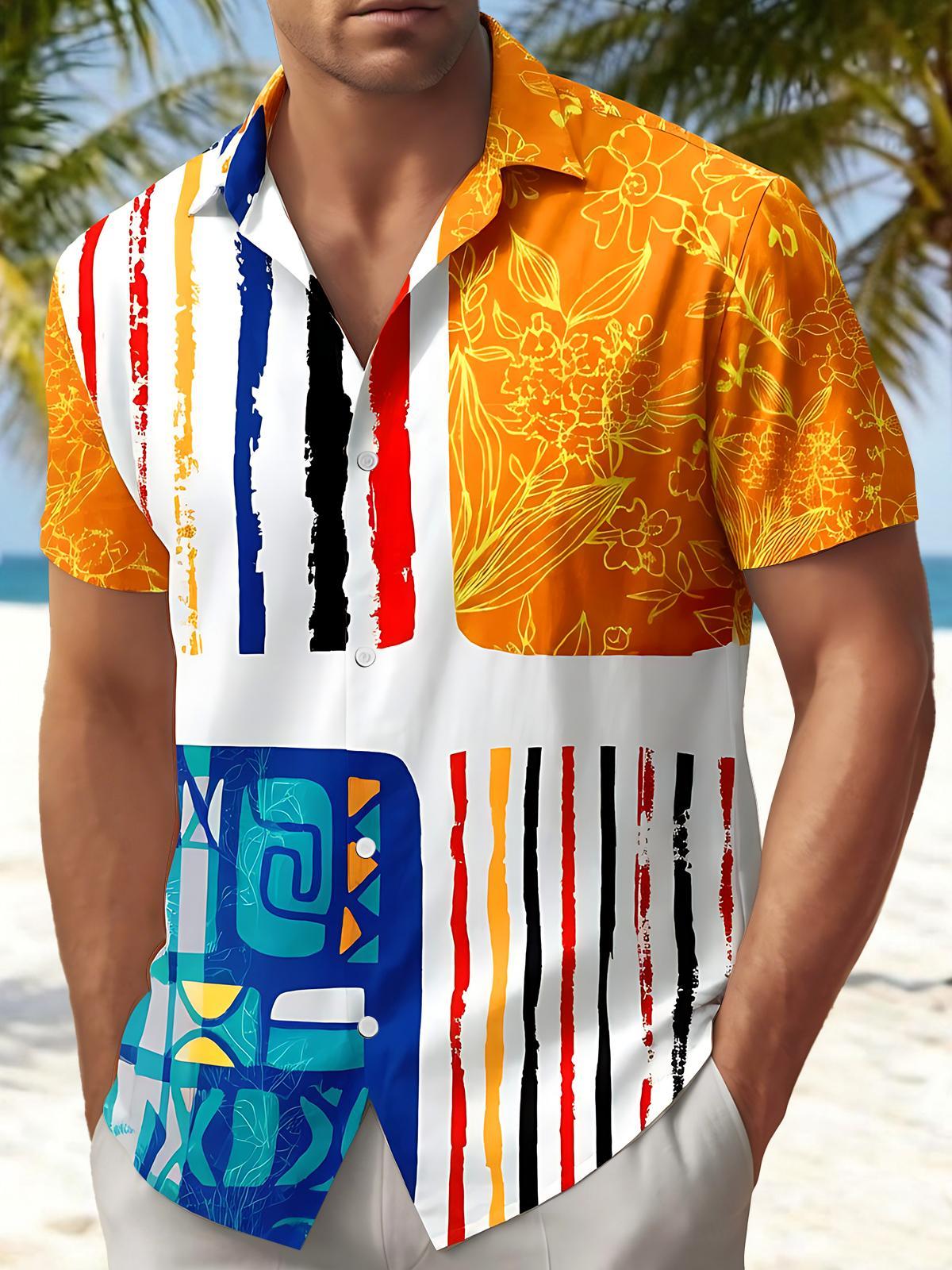 Hawaiian Color Block Stripe Floral Abstract Geometric Splicing Men's Pocket Short Sleeve Shirts