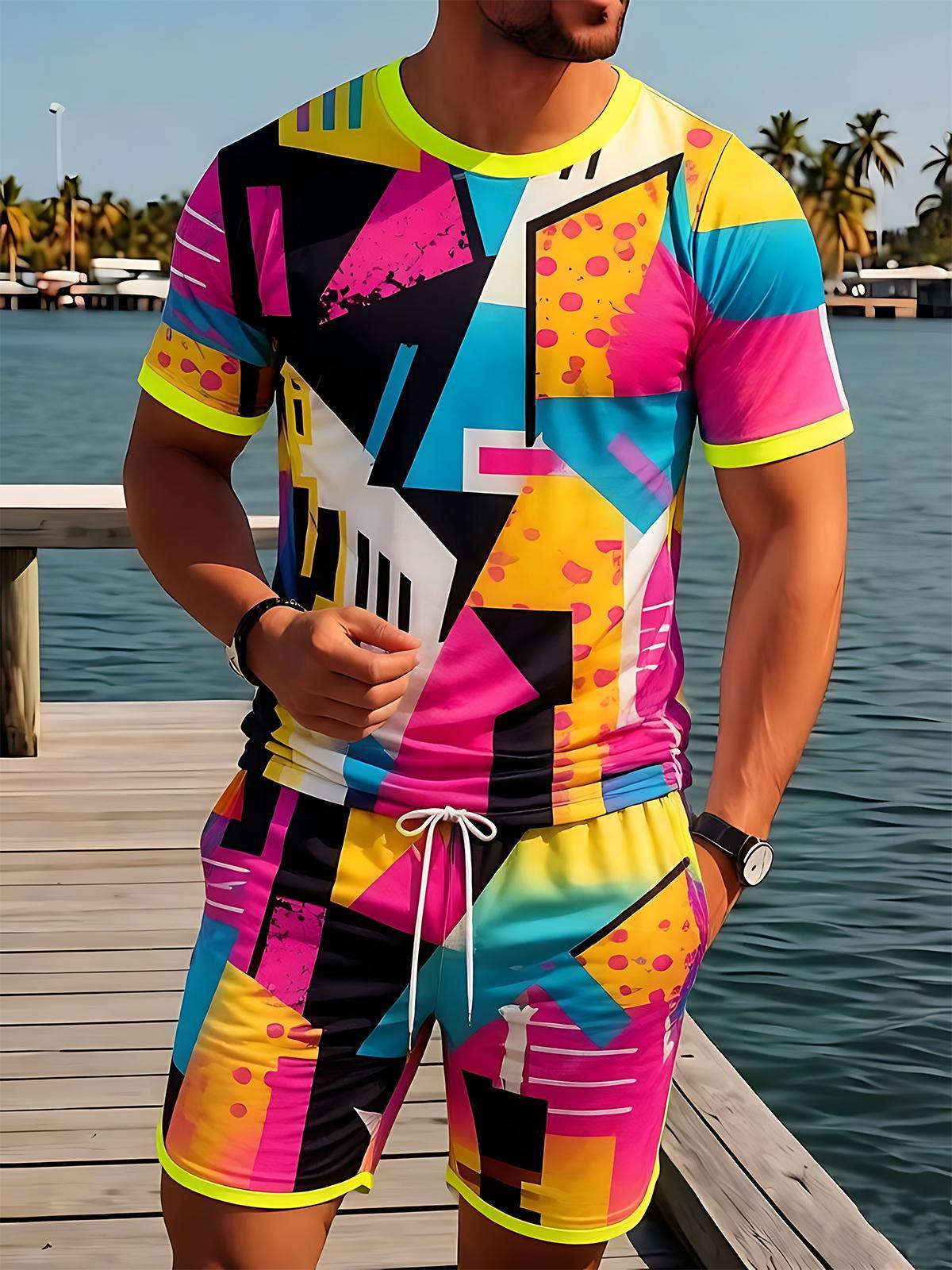 Colorful Neon Geometric Color Block Men's Short Sleeve Round Neck T-shirt And Shorts Set