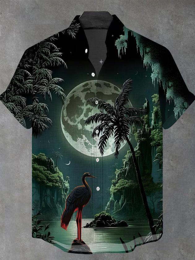 Men's Flamingo Moon Coconut Tree Short Sleeve Stand Collar Shirt Front View