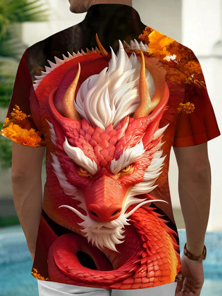 Men's black dragon print short sleeve shirt back view
