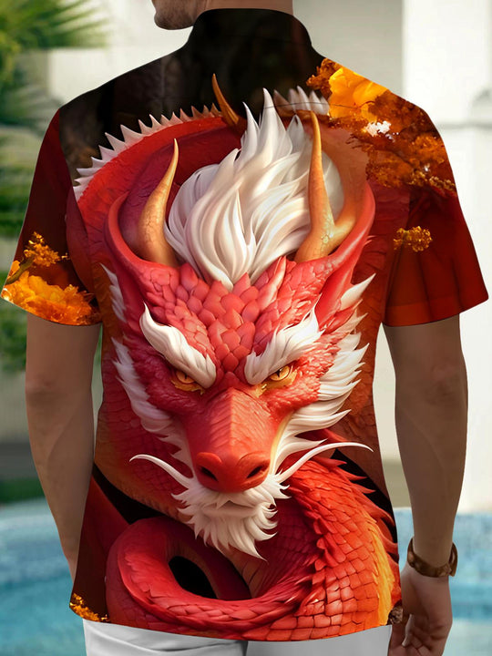 Men's black dragon print short sleeve shirt back view