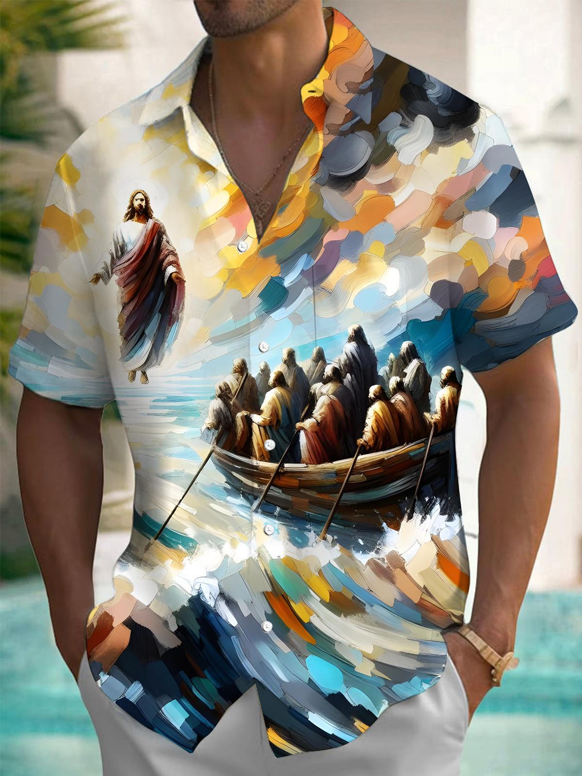 Jesus Oil Painting Art Print Men's Pocket Short Sleeve Shirts