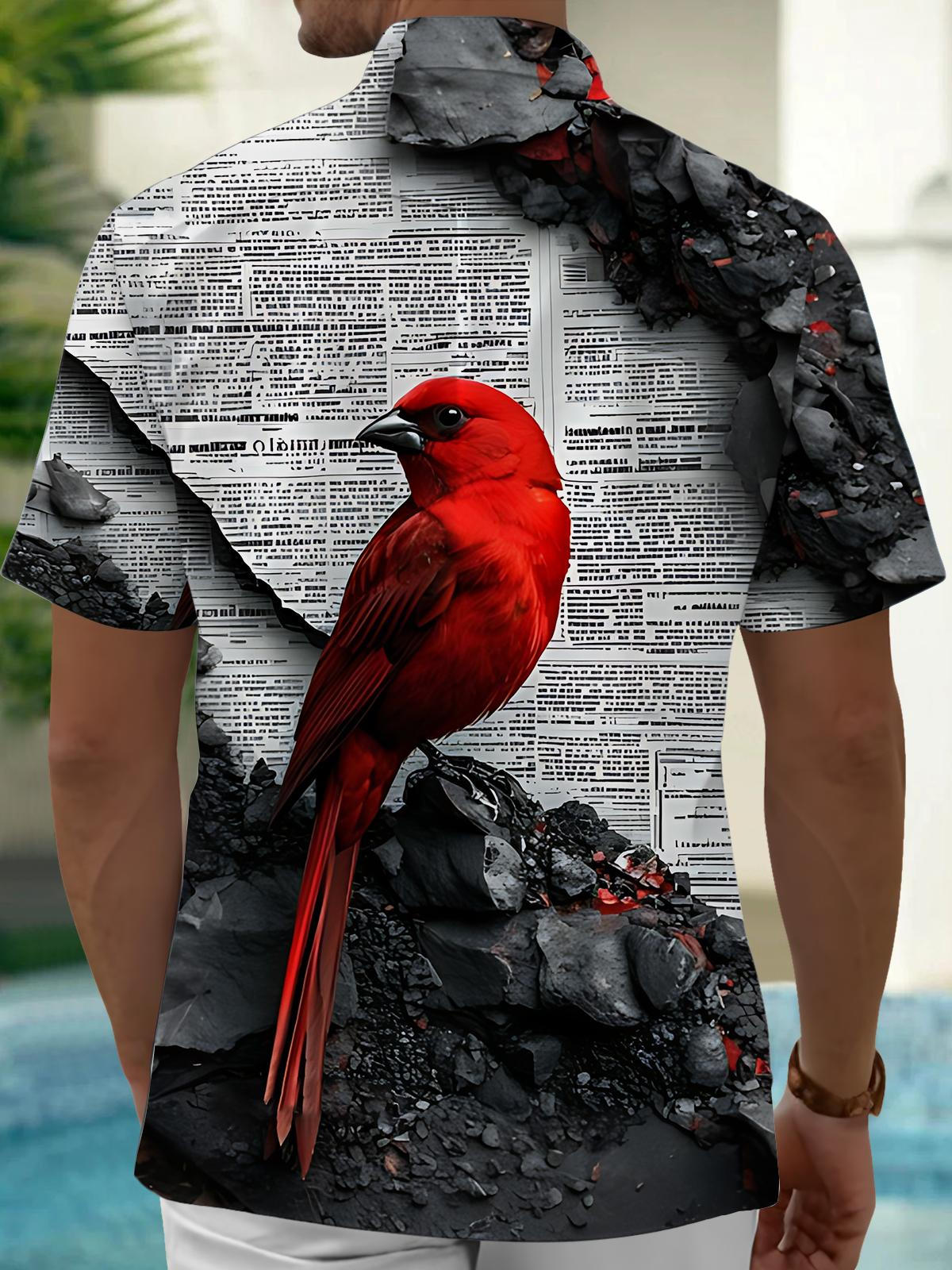 Red Bird Print Men's Pocket Short Sleeve Shirts