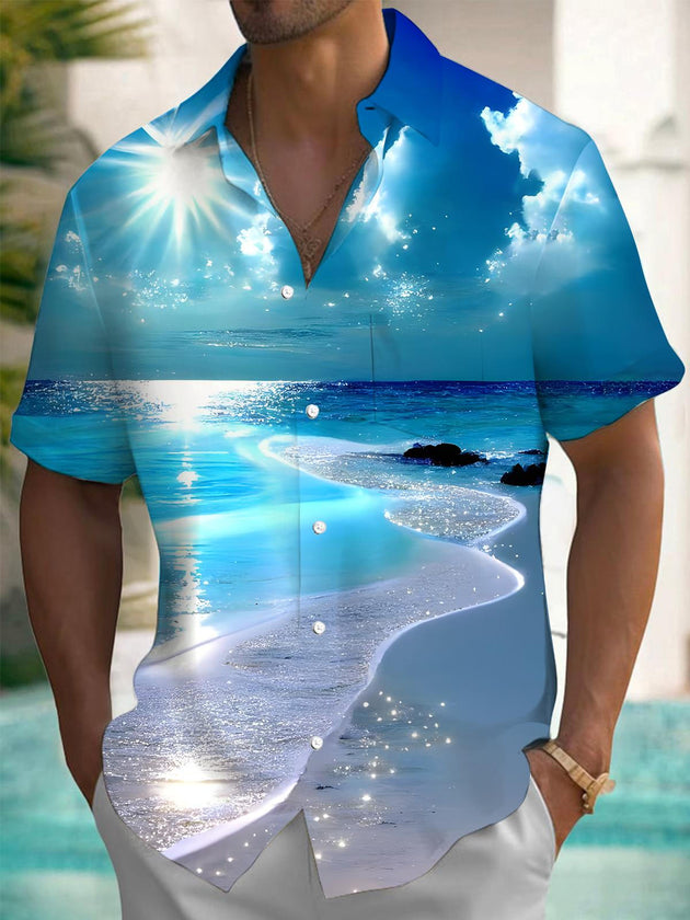 Men's blue floral print short sleeve shirt front view for beach vacation