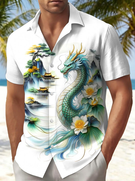 Dragon Mountain Landscape Lotus Men's Pocket Short Sleeve Shirts