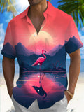 Sunset Flamingo Print Men's Pocket Short Sleeve Shirts