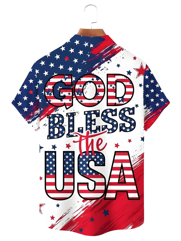 Men's red white blue American flag print short sleeve shirt back view