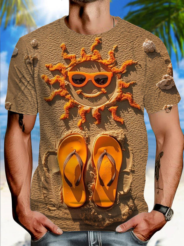 Men's sun flip flops print short sleeve graphic t-shirt front view for beach vacation