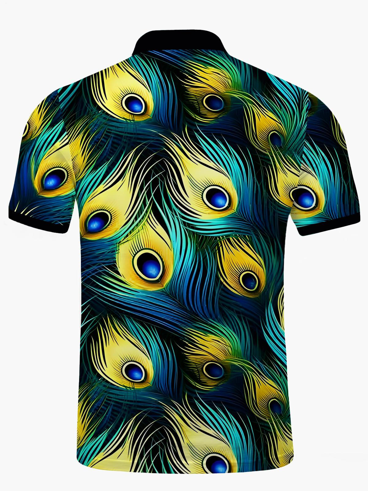 Peacock Feather Print Men's Short Sleeve Button Polo Shirt