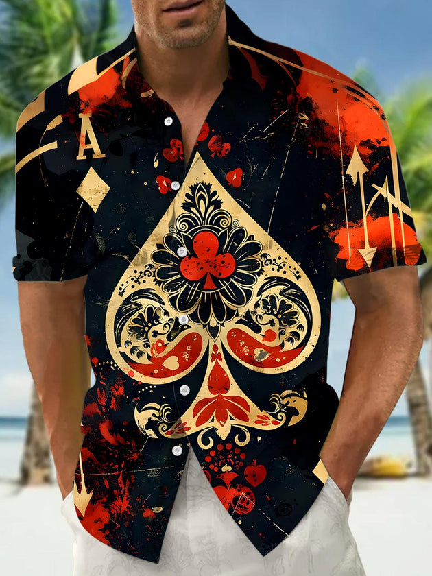 Men's dark poker pattern short sleeve shirt front view