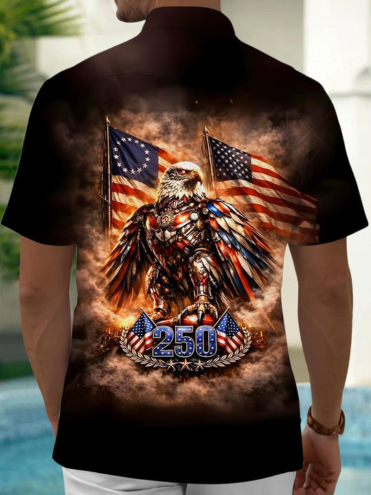Men retro American flag eagle print short sleeve shirt back view