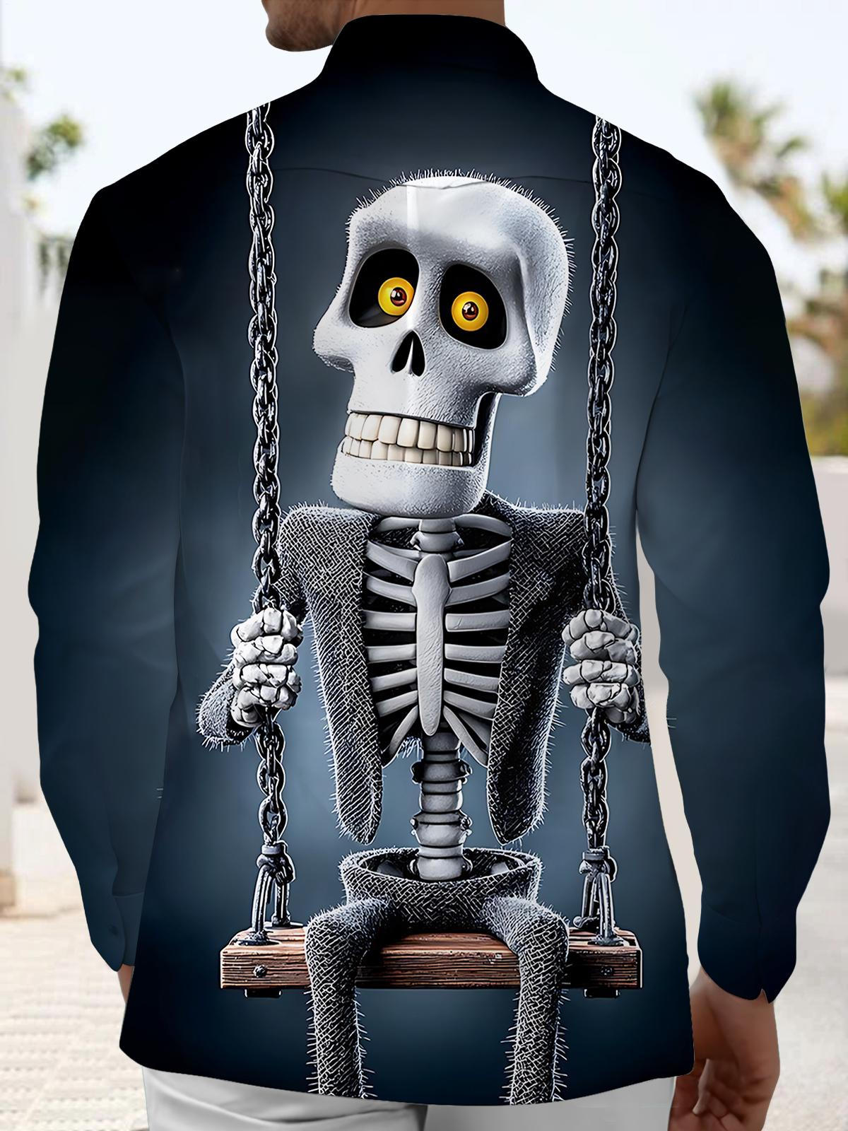 Funny Skull Swing Print Men's Pocket Long Sleeve Shirts