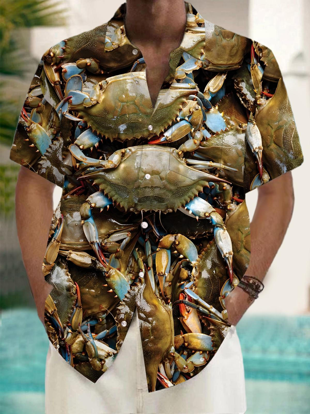 Seafood Crab Print Men's Pocket Short Sleeve Shirts