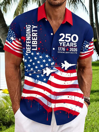 Men's American flag print short sleeve shirt front view Independence Day