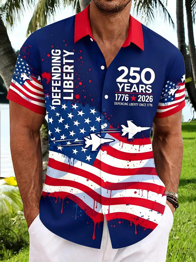 Men's American flag print short sleeve shirt front view Independence Day