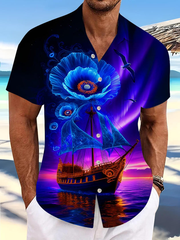Men's blue flower fantasy sea sailboat short sleeve shirt front view
