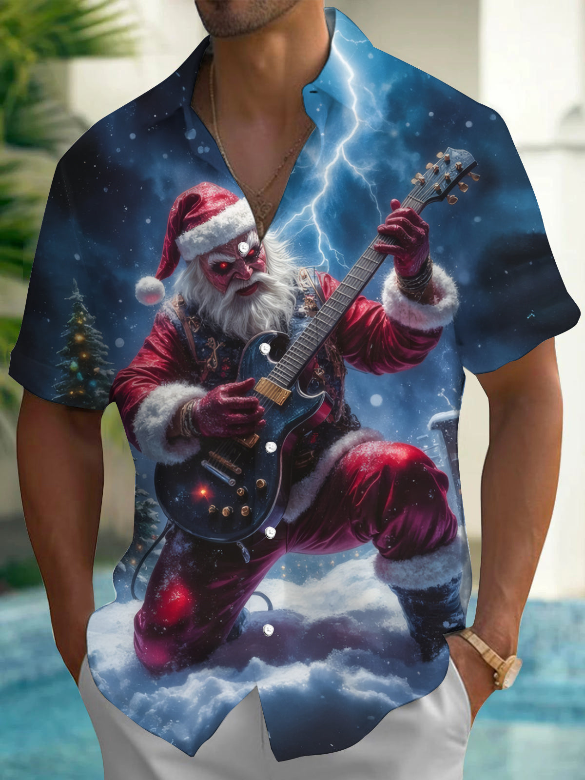 Rock Santa Claus Guitar Print Men's Pocket Short Sleeve Shirts