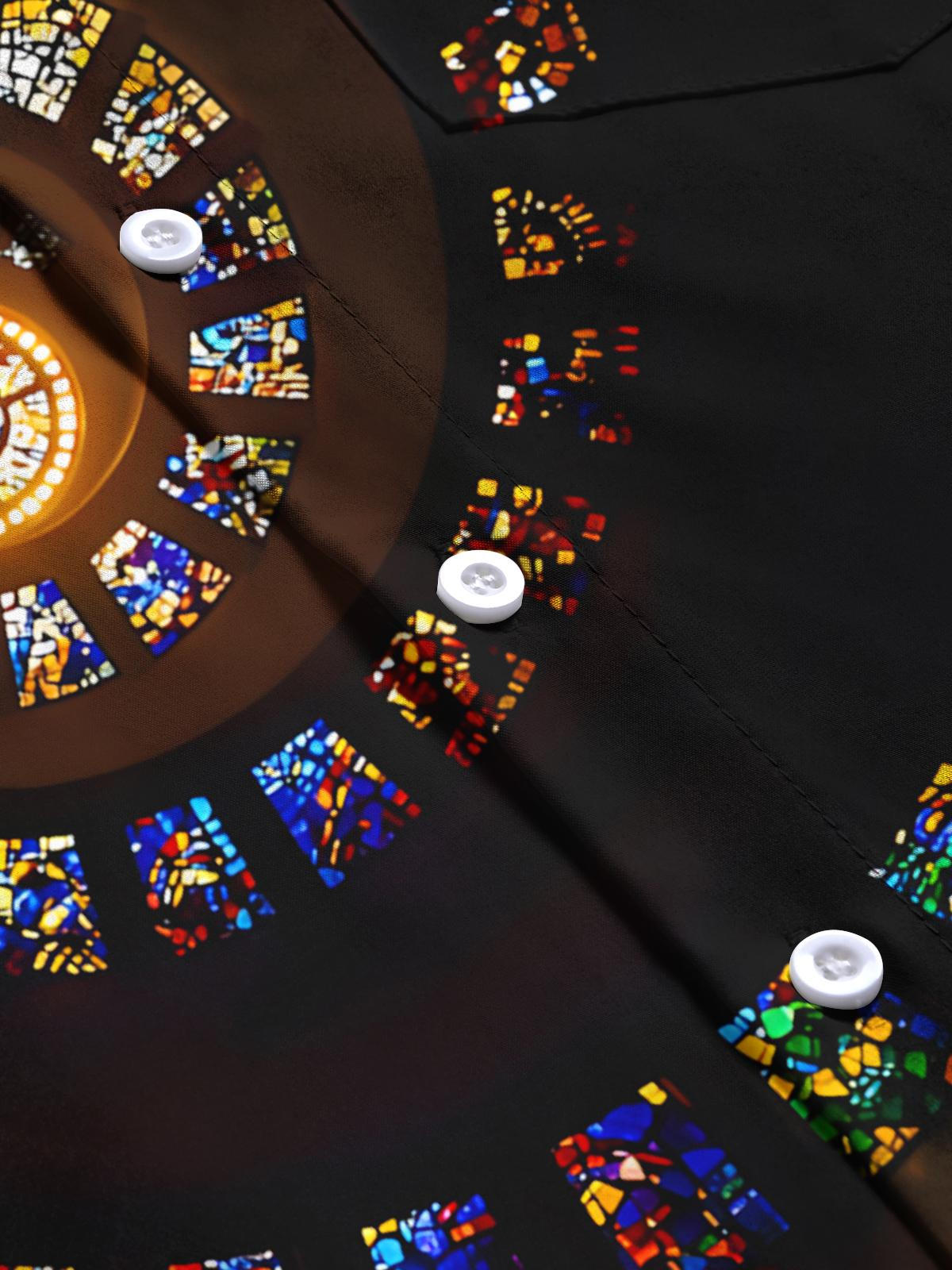 Church Stained Glass Window Print Men's Pocket Short Sleeve Shirts