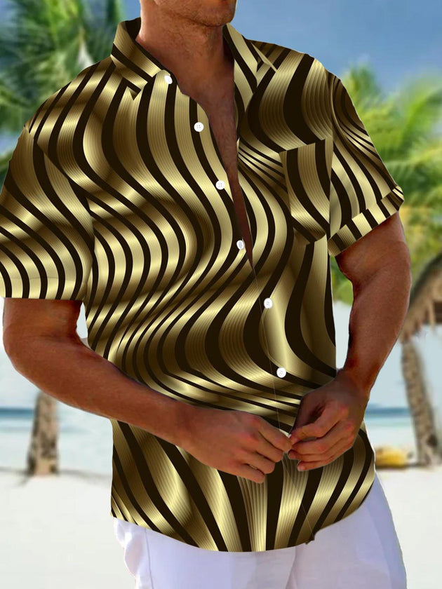 Men's short sleeve shirt with abstract geometric line print and pocket, front view
