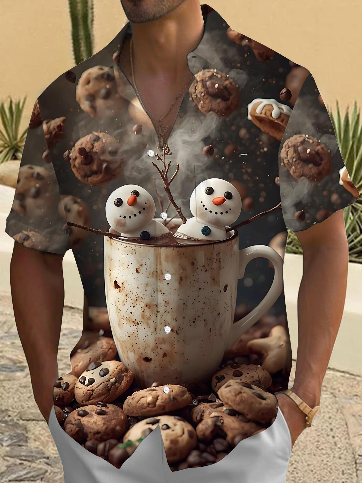 Winter Snowman Cookie Print Men's Pocket Short Sleeve Shirts