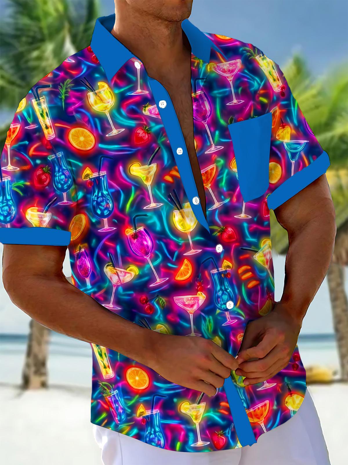 Hawaiian Neon Colorful Fluorescent Cocktail Fruit Men's Pocket Short Sleeve Shirts