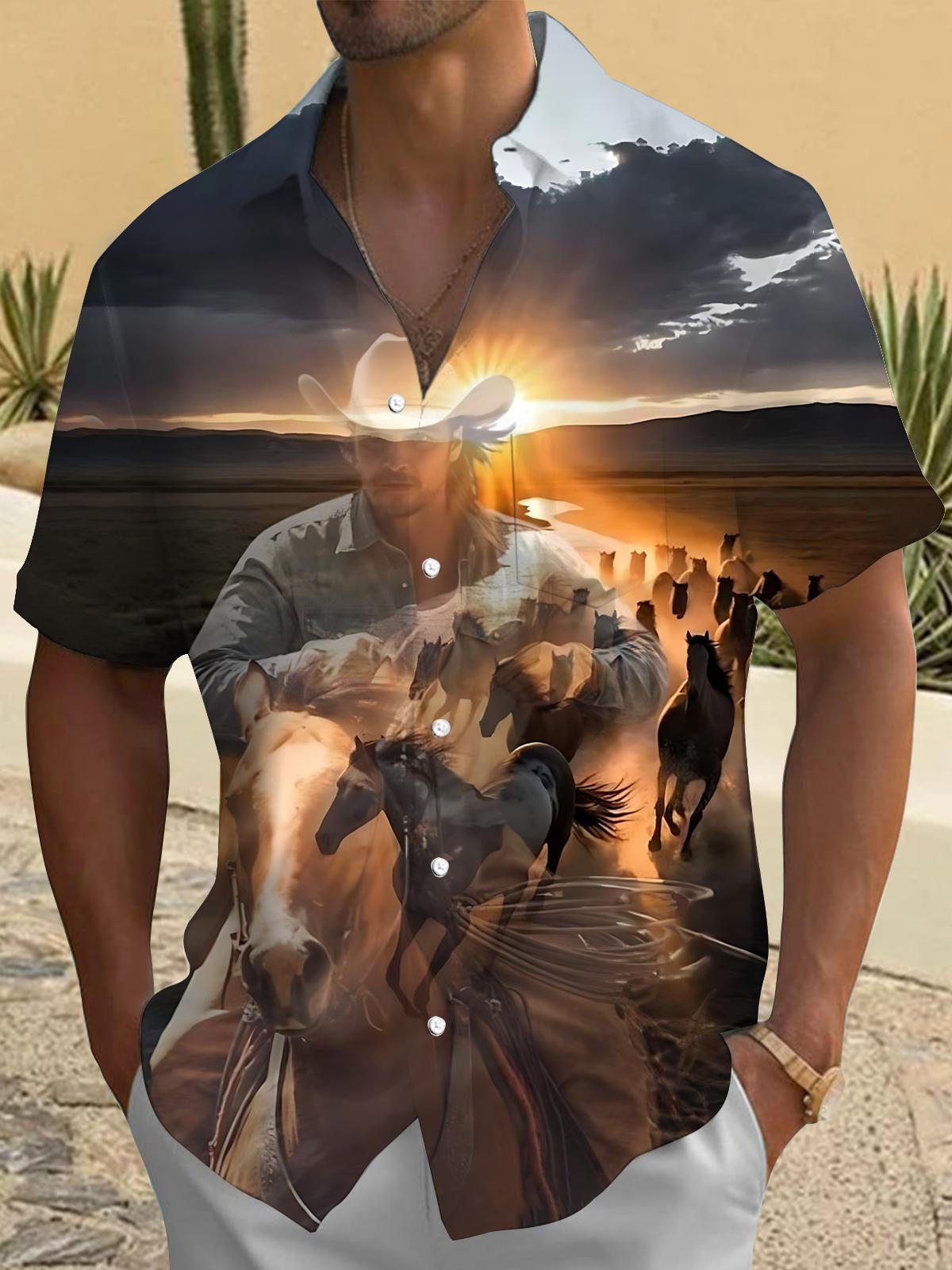 Western Cowboy Horses Print Men's Pocket Short Sleeve Shirts