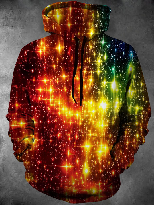 Men's sparkly print long sleeve pocket hoodie front view Christmas holiday party
