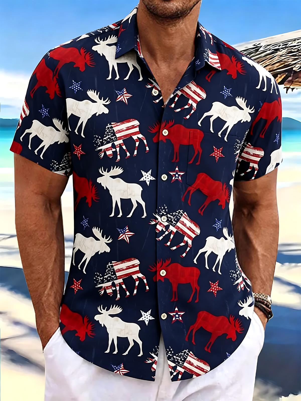 Independence Day American Flag Moose Print Men's Pocket Short Sleeve Shirts
