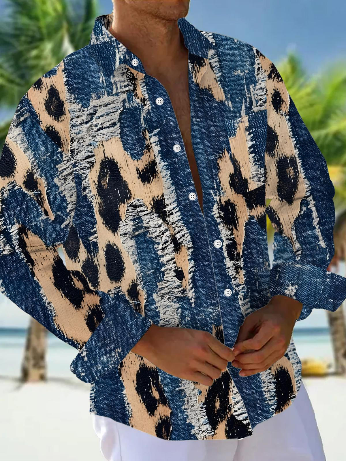 Leopard Men's Pocket Long Sleeve Shirts