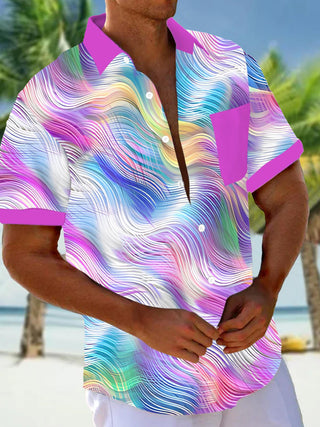Men's Gradient Line Print Pocket Short Sleeve Shirt Front View