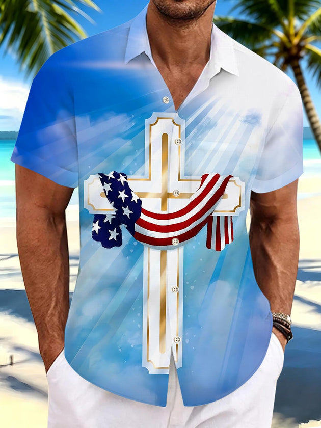 Christianity Cross American Flag Men's Pocket Short Sleeve Shirts