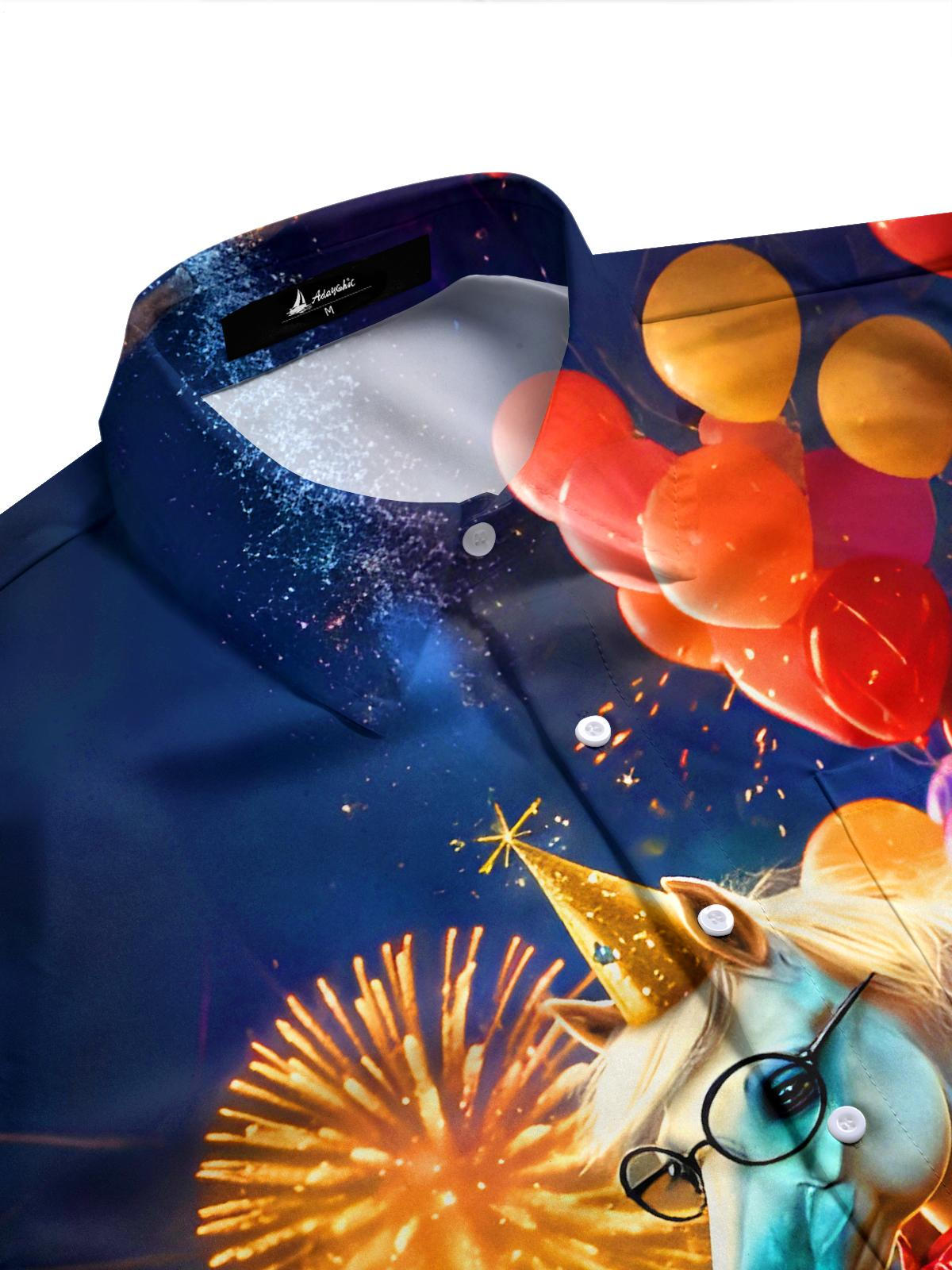 Fun Festival Horse Champagne Fireworks Balloons Men's Pocket Long Sleeve Shirts
