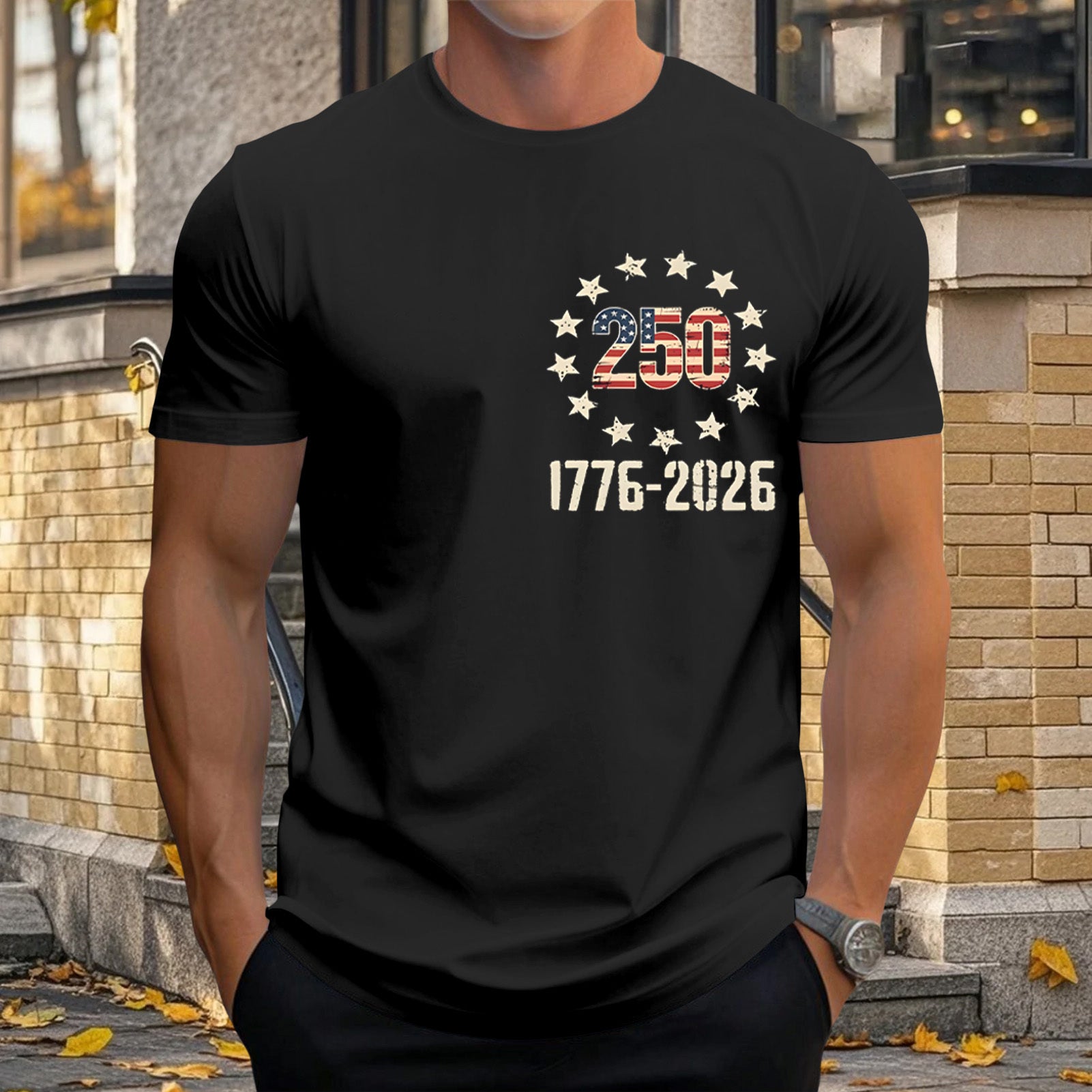 Men relaxed fit American flag print graphic t-shirt lifestyle side view for Independence Day