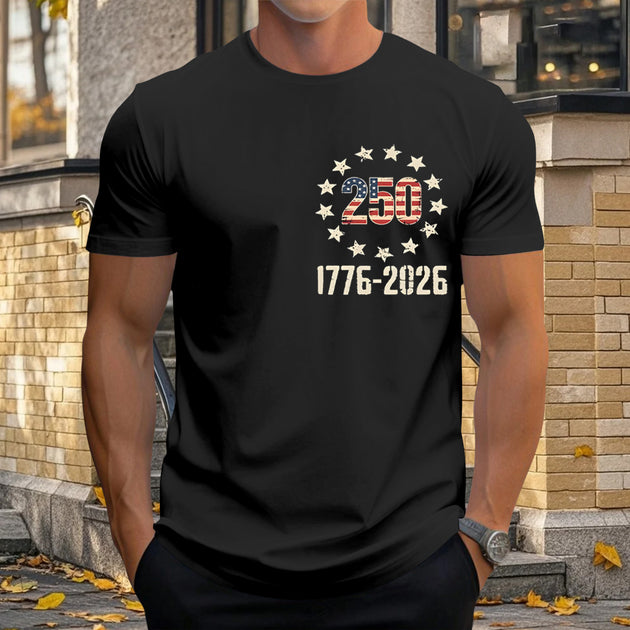 Men relaxed fit American flag print graphic t-shirt lifestyle side view for Independence Day