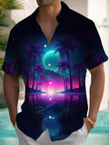 Moon Coconut Tree Print Men's Pocket Short Sleeve Shirts