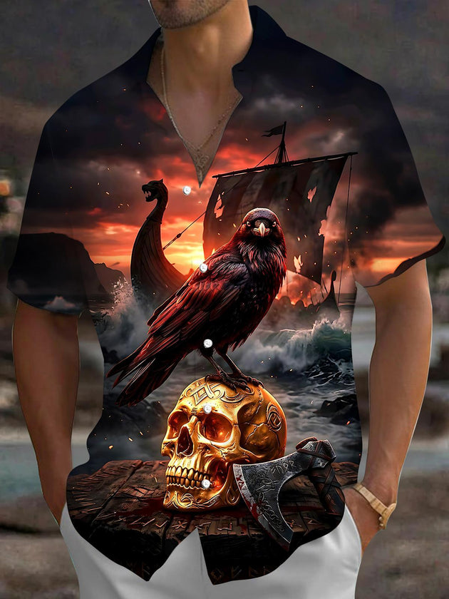 Dark Boat Crow Skull Men's Pocket Short Sleeve Shirts