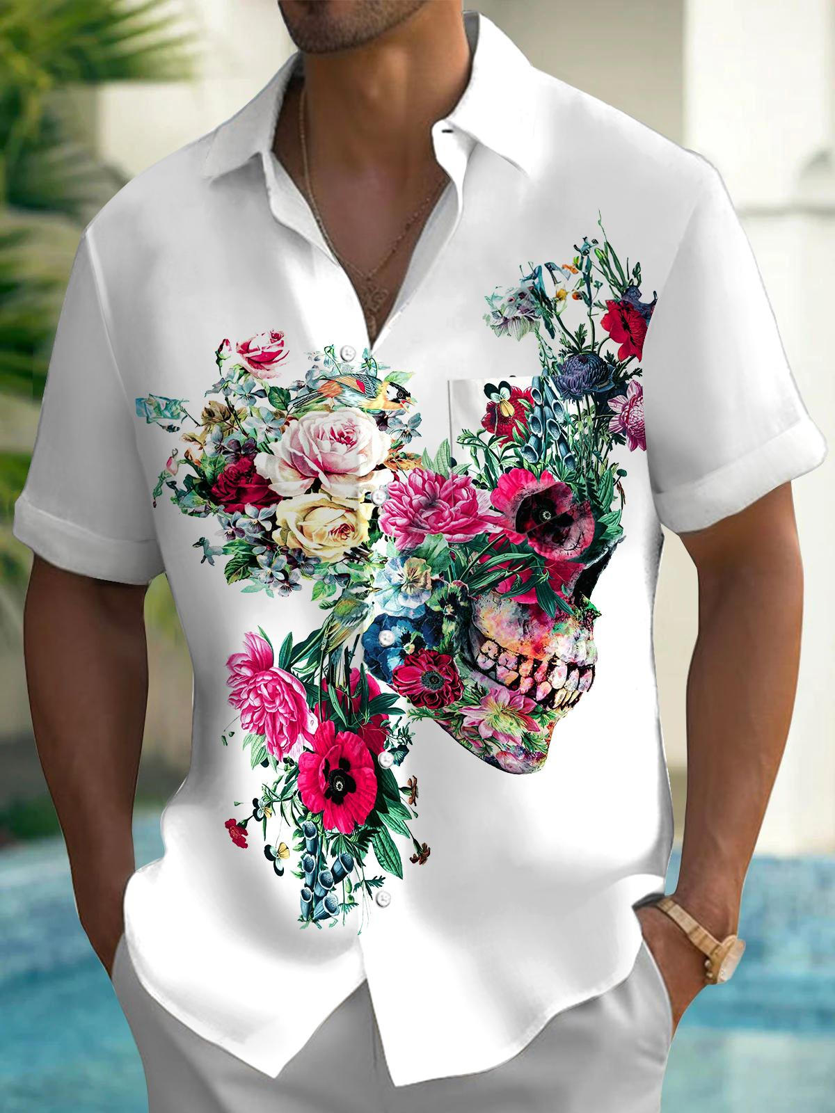 Skull Floral Men's Pocket Short Sleeve Shirts