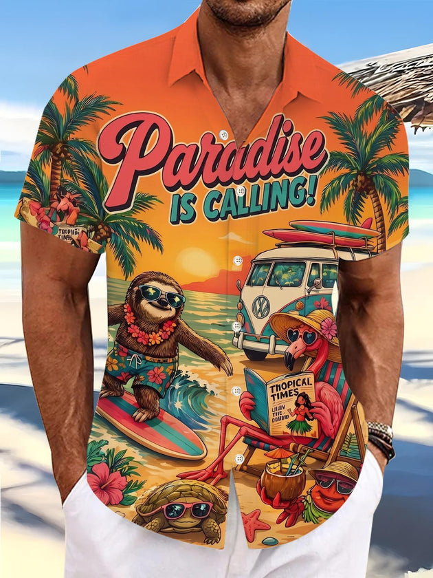 Fun Hawaiian Cartoon Surf Sloth Flamingo Retro Bus Beach Men's Pocket Short Sleeve Shirts